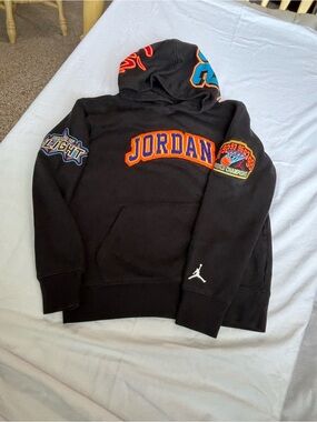 Jordan Black Crewneck Hoodie with Orange and Blue Embroidered Logos